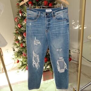 Distressed blue high waisted straight leg jeans